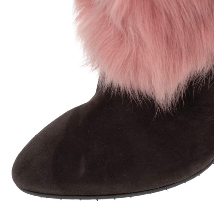 Pre Owned Giuseppe Zanotti Brown/Pink Suede and Fur Lined Knee Boots Size 37