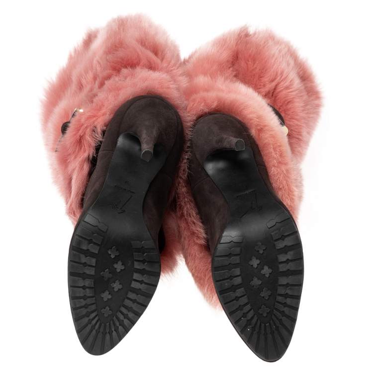 Pre Owned Giuseppe Zanotti Brown/Pink Suede and Fur Lined Knee Boots Size 37
