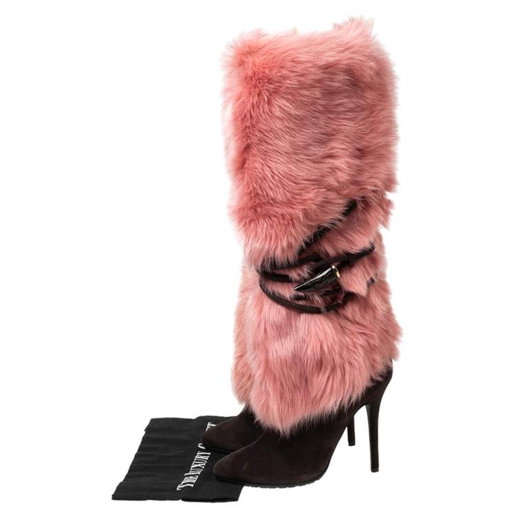 Pre Owned Giuseppe Zanotti Brown/Pink Suede and Fur Lined Knee Boots Size 37