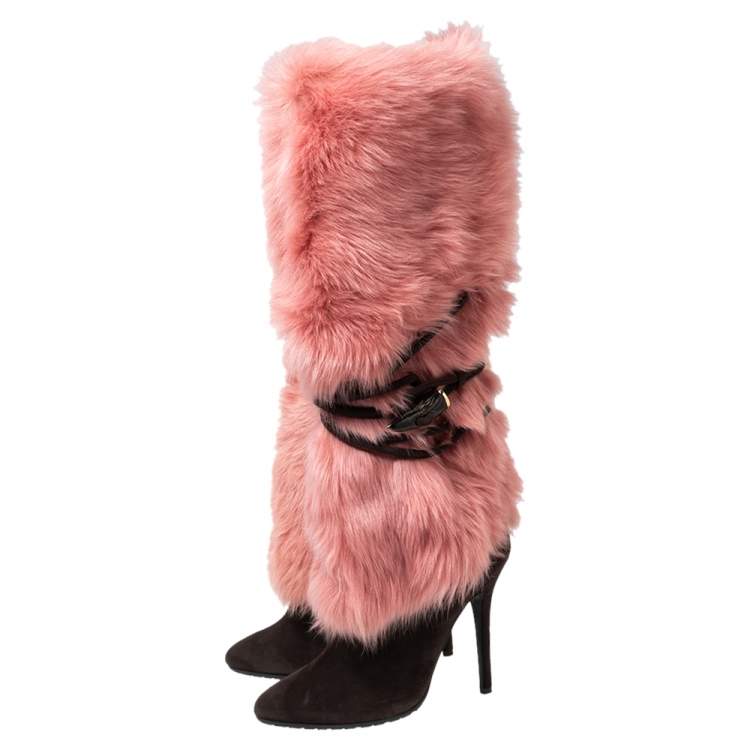 Pre Owned Giuseppe Zanotti Brown/Pink Suede and Fur Lined Knee Boots Size 37