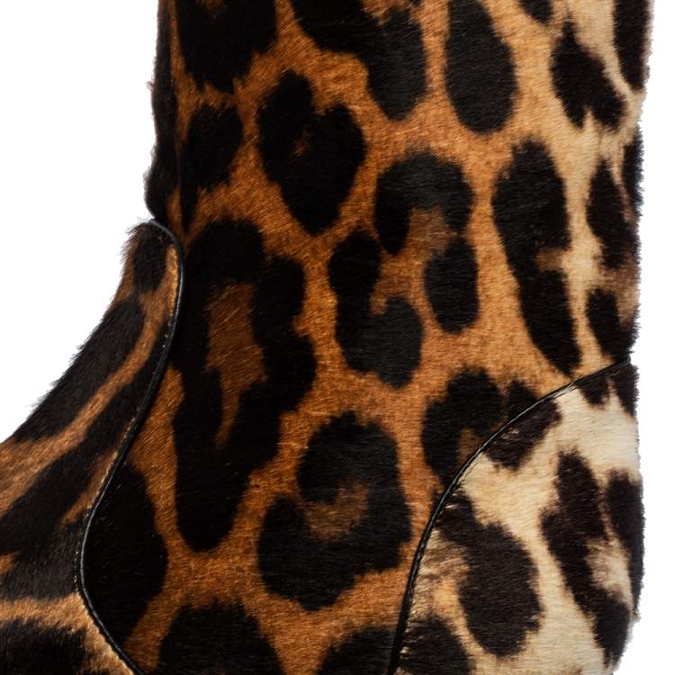 Pre Owned Giuseppe Zanotti Brown/Beige Leopard Print Calf Hair Mid-Calf Boots Size 37
