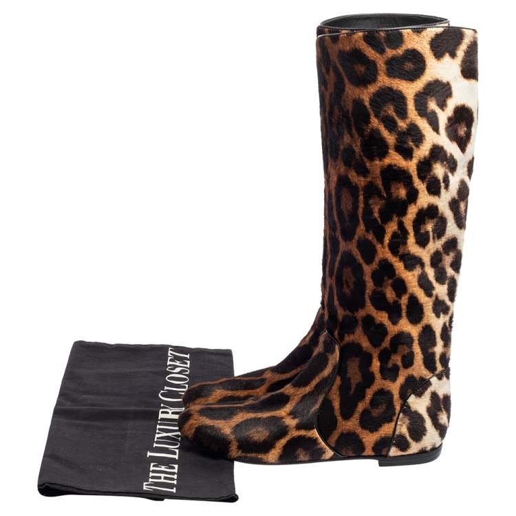 Pre Owned Giuseppe Zanotti Brown/Beige Leopard Print Calf Hair Mid-Calf Boots Size 37