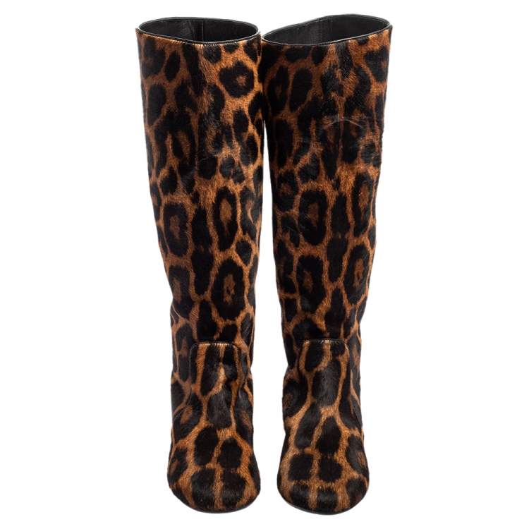 Pre Owned Giuseppe Zanotti Brown/Beige Leopard Print Calf Hair Mid-Calf Boots Size 37
