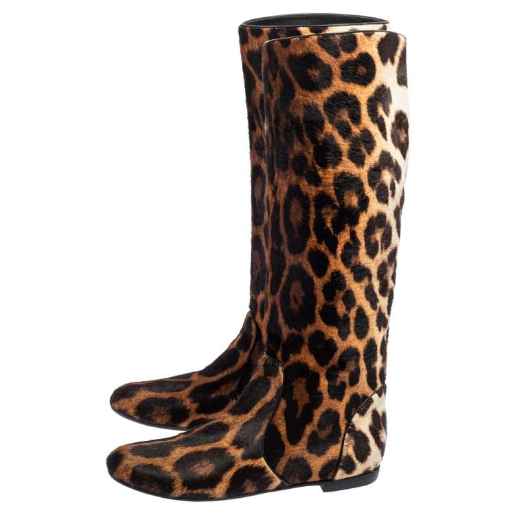 Pre Owned Giuseppe Zanotti Brown/Beige Leopard Print Calf Hair Mid-Calf Boots Size 37