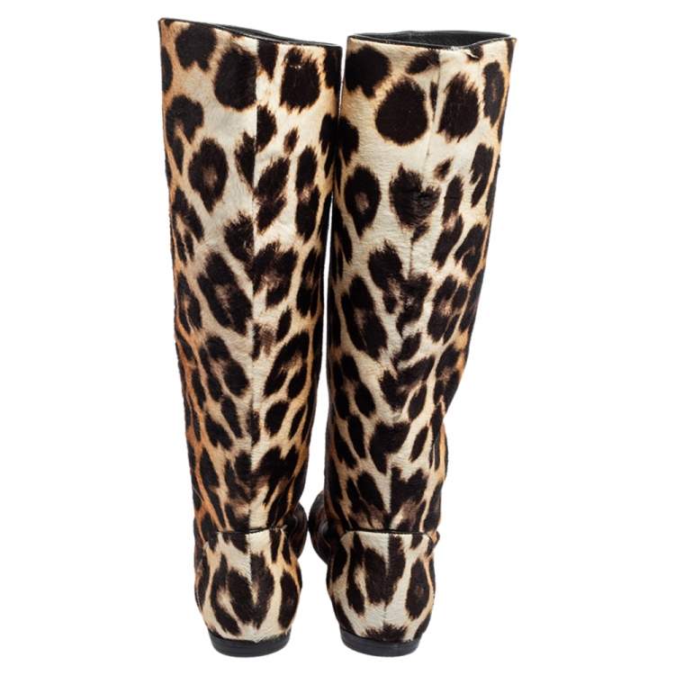 Pre Owned Giuseppe Zanotti Brown/Beige Leopard Print Calf Hair Mid-Calf Boots Size 37