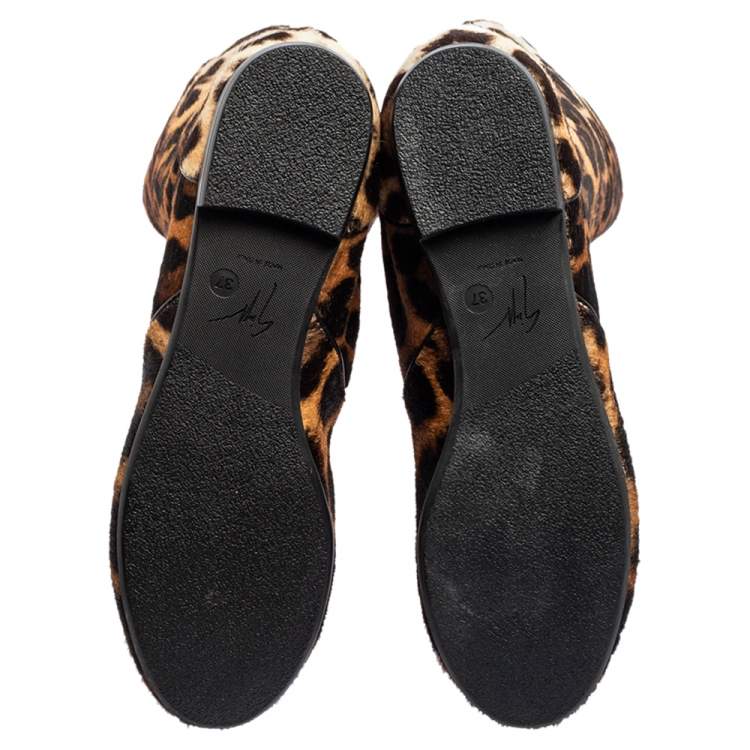Pre Owned Giuseppe Zanotti Brown/Beige Leopard Print Calf Hair Mid-Calf Boots Size 37