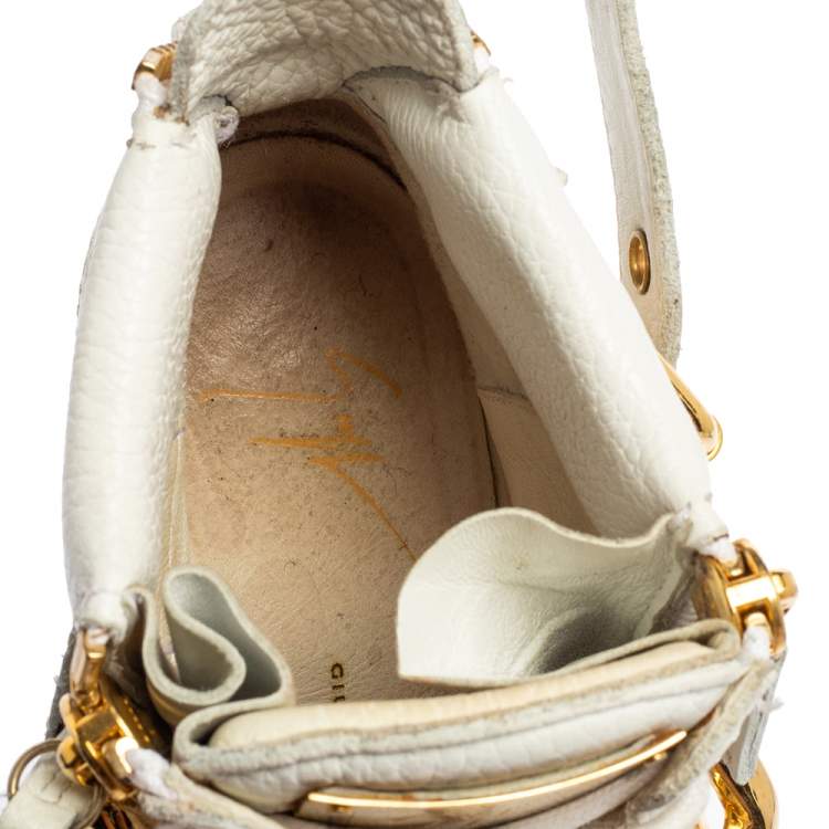 Pre Owned Giuseppe Zanotti White Leather Chain Detail High-Top Sneakers Size 36.5