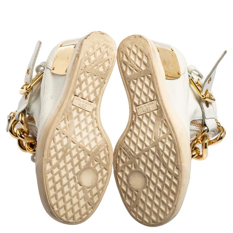 Pre Owned Giuseppe Zanotti White Leather Chain Detail High-Top Sneakers Size 36.5