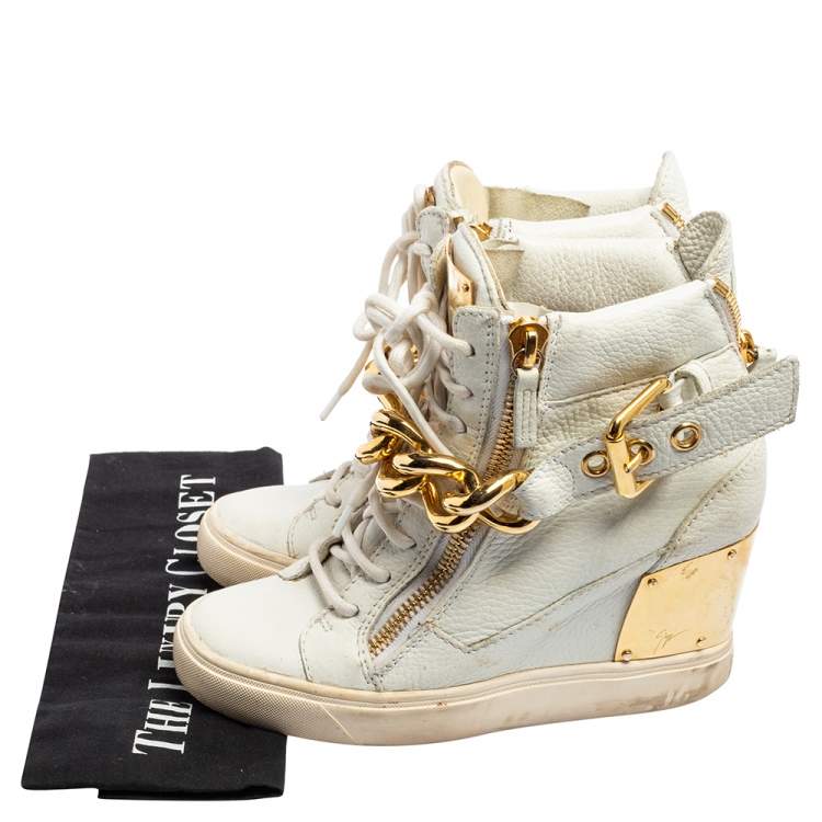 Pre Owned Giuseppe Zanotti White Leather Chain Detail High-Top Sneakers Size 36.5