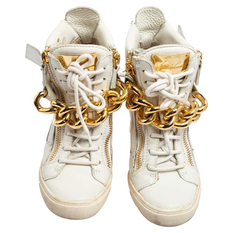 Pre Owned Giuseppe Zanotti White Leather Chain Detail High-Top Sneakers Size 36.5