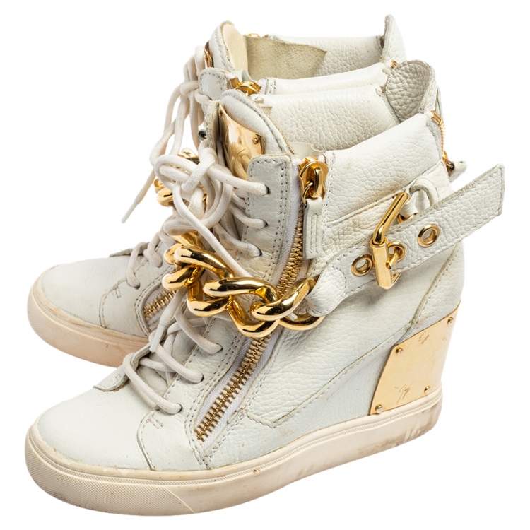 Pre Owned Giuseppe Zanotti White Leather Chain Detail High-Top Sneakers Size 36.5