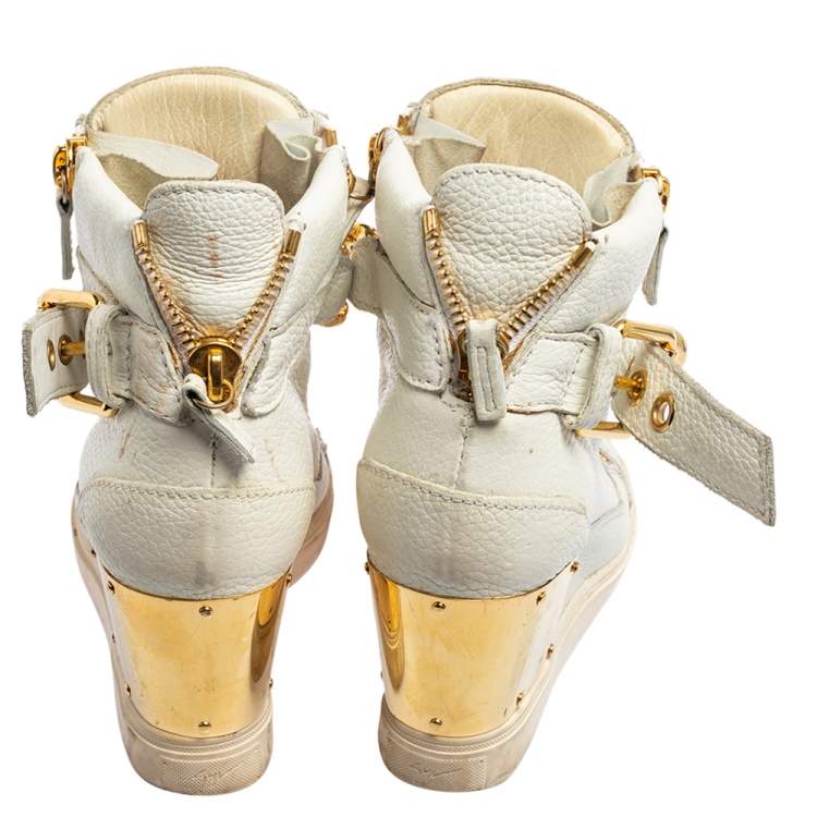 Pre Owned Giuseppe Zanotti White Leather Chain Detail High-Top Sneakers Size 36.5
