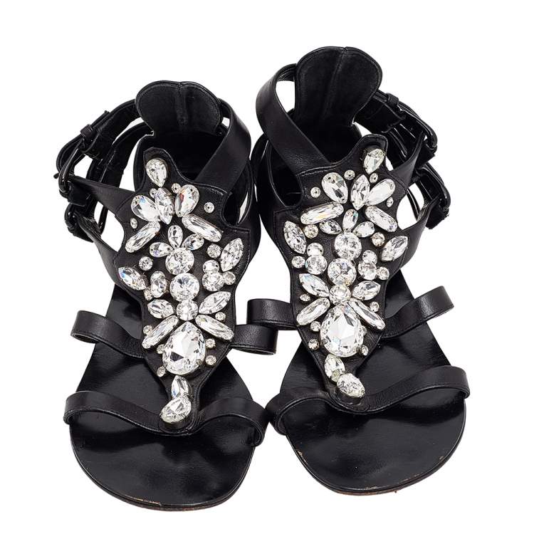Pre Owned Giuseppe Zanotti Black Leather Crystal Embellished Ankle Strap Flat Sandals Size 36 