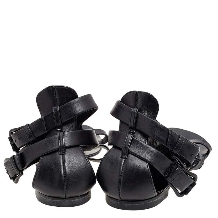 Pre Owned Giuseppe Zanotti Black Leather Crystal Embellished Ankle Strap Flat Sandals Size 36 