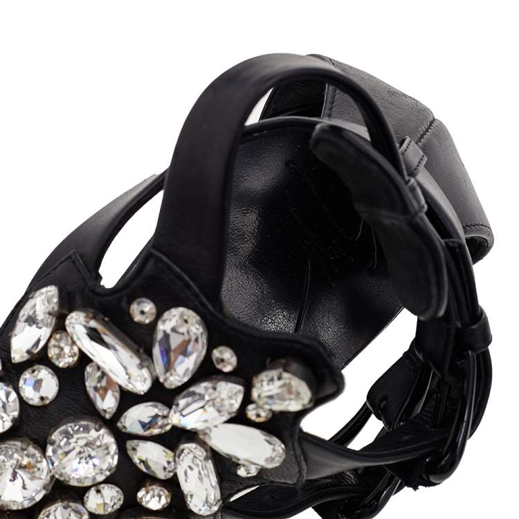 Pre Owned Giuseppe Zanotti Black Leather Crystal Embellished Ankle Strap Flat Sandals Size 36 