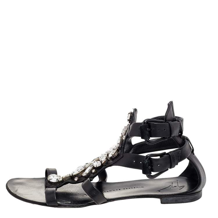 Pre Owned Giuseppe Zanotti Black Leather Crystal Embellished Ankle Strap Flat Sandals Size 36 