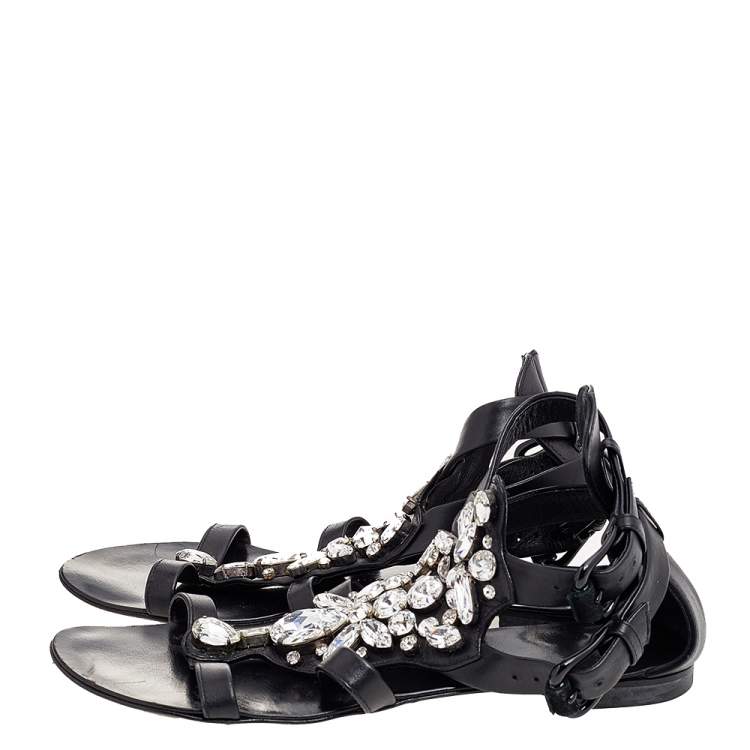 Pre Owned Giuseppe Zanotti Black Leather Crystal Embellished Ankle Strap Flat Sandals Size 36 
