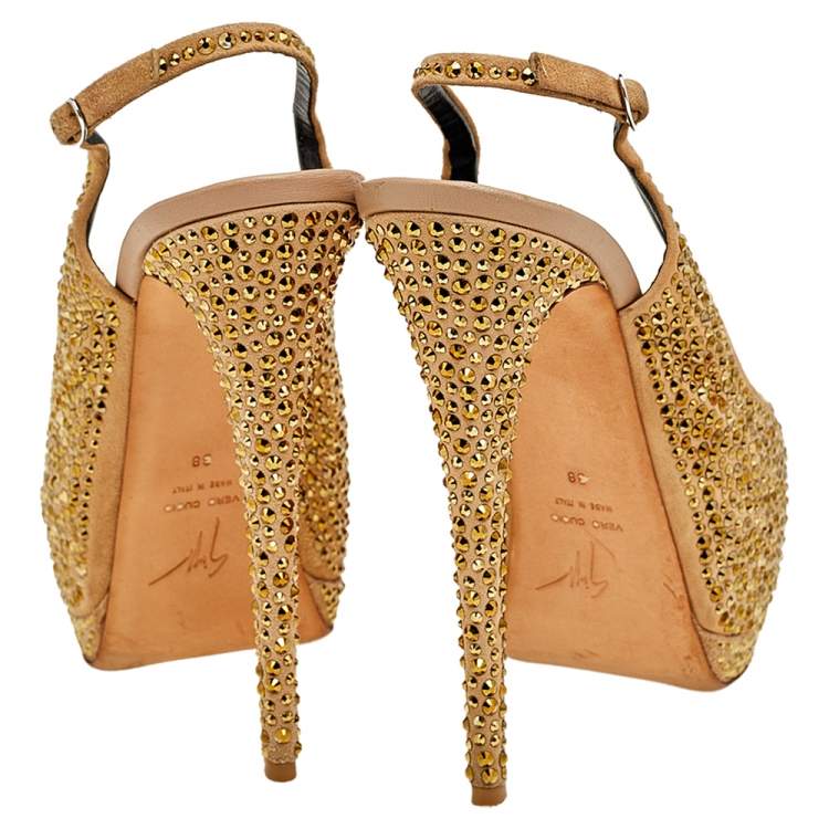 Pre Owned Giuseppe Zanotti Beige Suede Embellished Platform Slingback Sandals Size 38