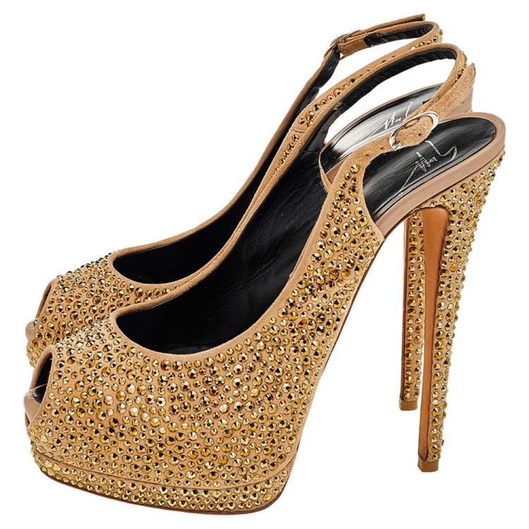 Pre Owned Giuseppe Zanotti Beige Suede Embellished Platform Slingback Sandals Size 38