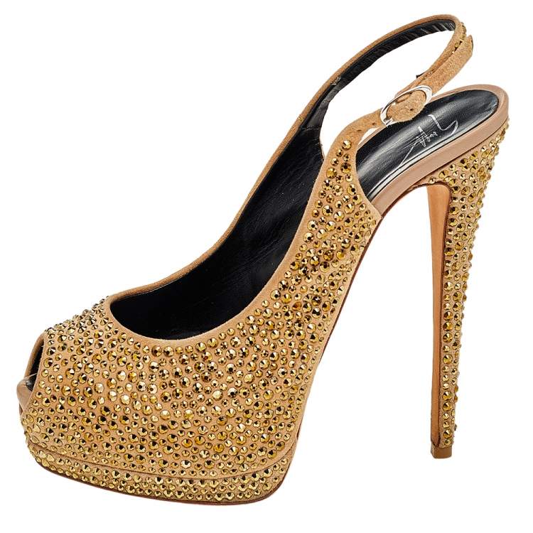 Pre Owned Giuseppe Zanotti Beige Suede Embellished Platform Slingback Sandals Size 38