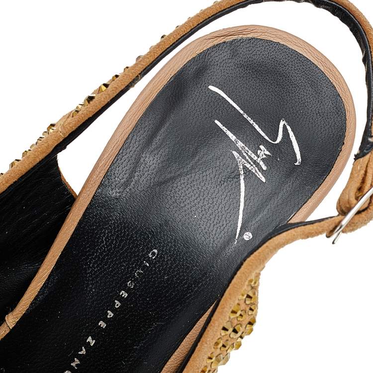 Pre Owned Giuseppe Zanotti Beige Suede Embellished Platform Slingback Sandals Size 38