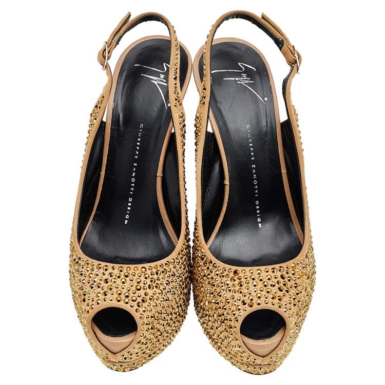 Pre Owned Giuseppe Zanotti Beige Suede Embellished Platform Slingback Sandals Size 38