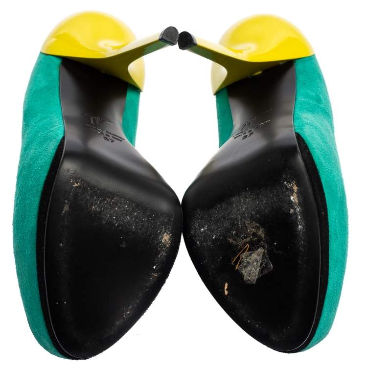 Pre Owned Giuseppe Zanotti Green/Yellow Suede And Patent Leather Peep Toe Platform Pumps Size 37