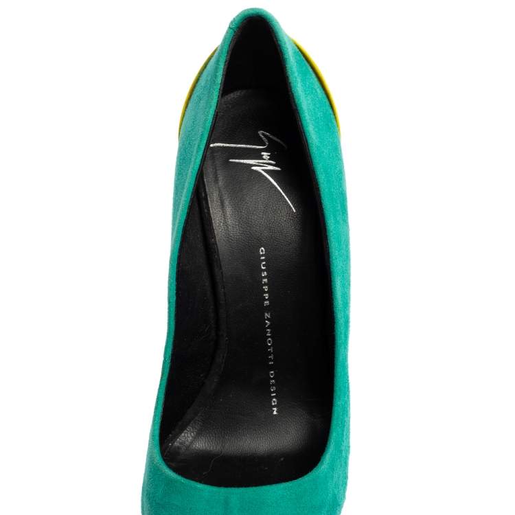 Pre Owned Giuseppe Zanotti Green/Yellow Suede And Patent Leather Peep Toe Platform Pumps Size 37