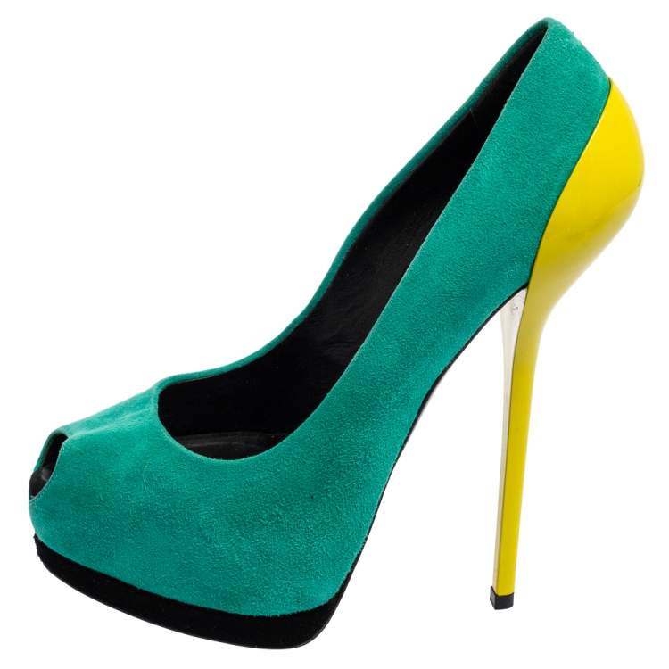 Pre Owned Giuseppe Zanotti Green/Yellow Suede And Patent Leather Peep Toe Platform Pumps Size 37