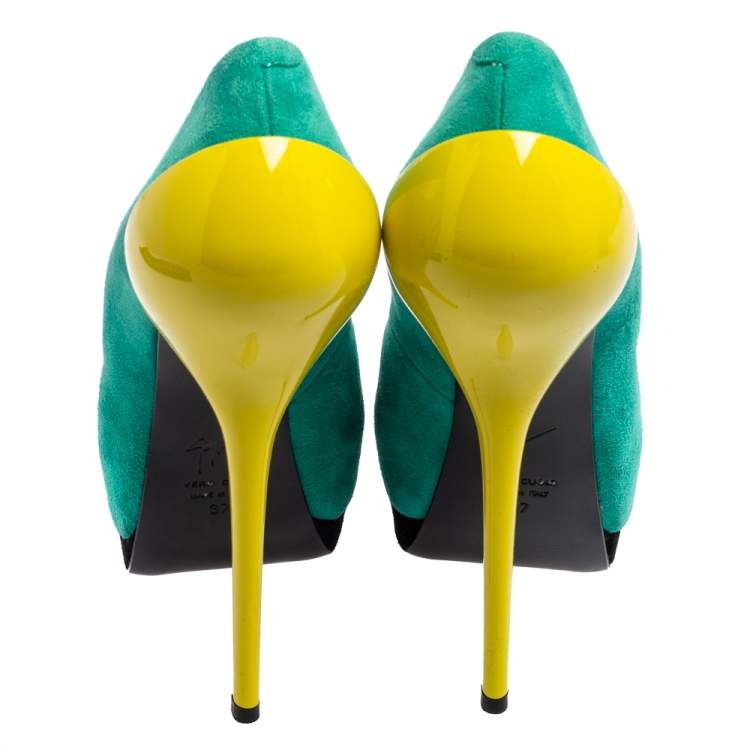 Pre Owned Giuseppe Zanotti Green/Yellow Suede And Patent Leather Peep Toe Platform Pumps Size 37