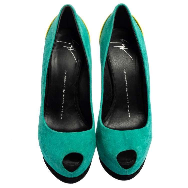 Pre Owned Giuseppe Zanotti Green/Yellow Suede And Patent Leather Peep Toe Platform Pumps Size 37