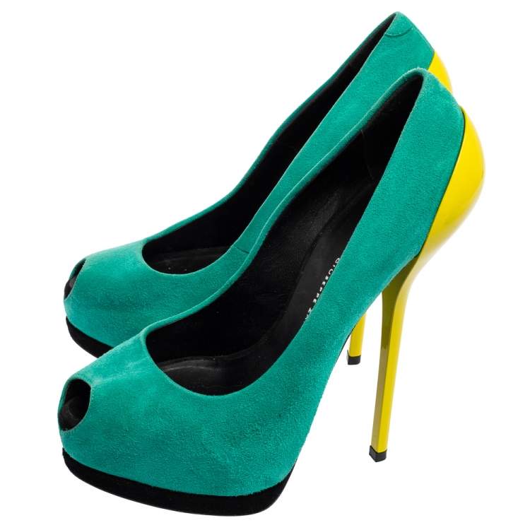 Pre Owned Giuseppe Zanotti Green/Yellow Suede And Patent Leather Peep Toe Platform Pumps Size 37