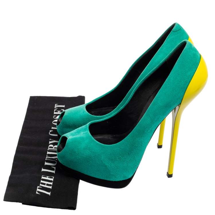 Pre Owned Giuseppe Zanotti Green/Yellow Suede And Patent Leather Peep Toe Platform Pumps Size 37