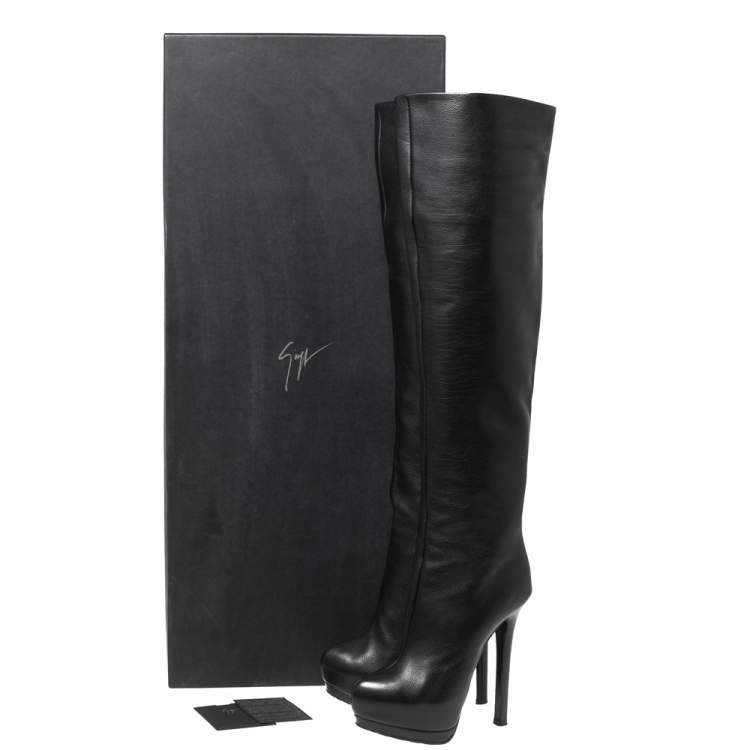 Pre Owned Giuseppe Zanotti Black Leather Over the Knee Platform Boots Size 36.5