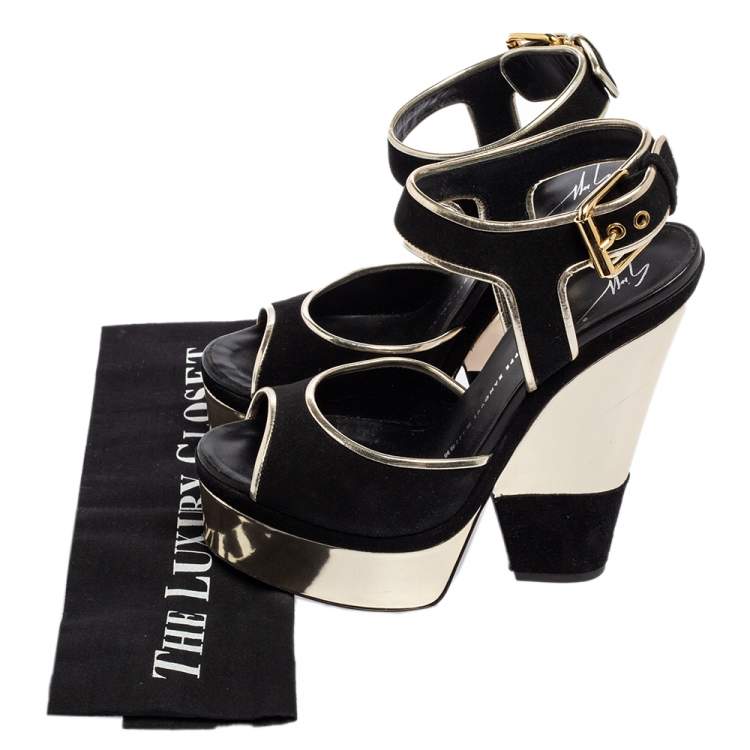 Pre Owned Giuseppe Zanotti Black/Gold Suede and Leather Trim Wedge Platform Sandals Size 38