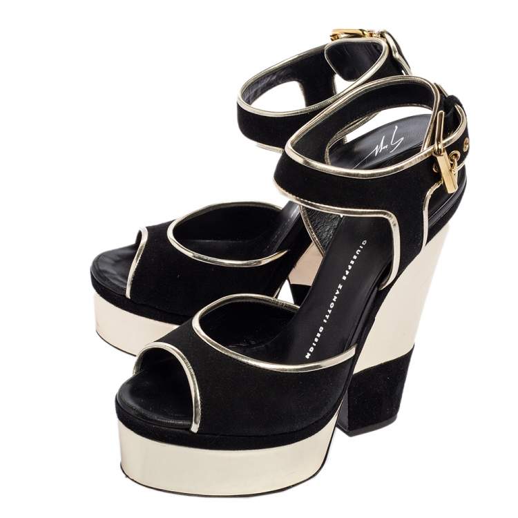 Pre Owned Giuseppe Zanotti Black/Gold Suede and Leather Trim Wedge Platform Sandals Size 38