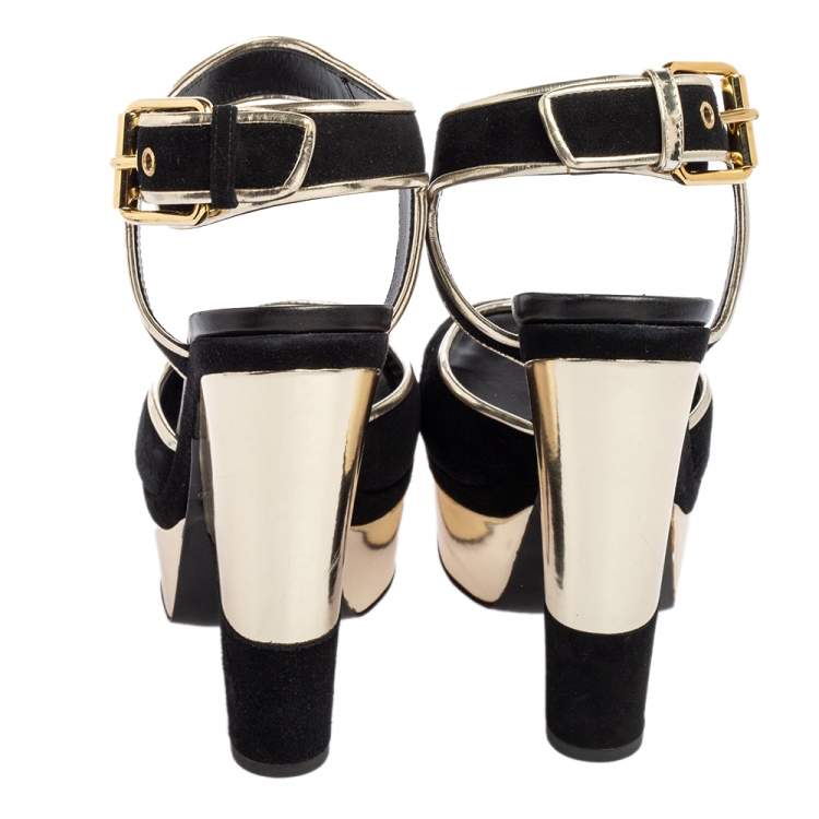 Pre Owned Giuseppe Zanotti Black/Gold Suede and Leather Trim Wedge Platform Sandals Size 38
