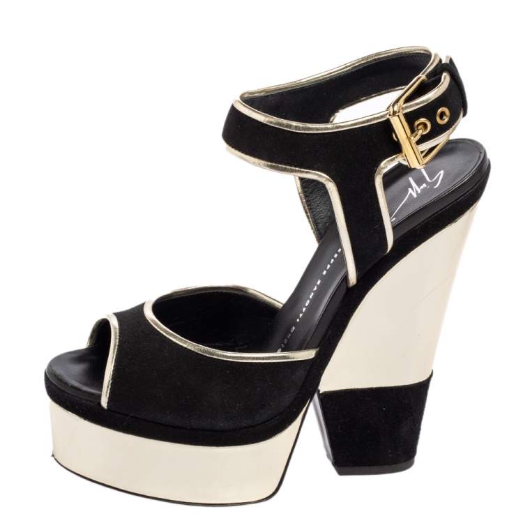 Pre Owned Giuseppe Zanotti Black/Gold Suede and Leather Trim Wedge Platform Sandals Size 38