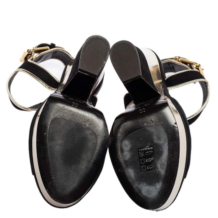 Pre Owned Giuseppe Zanotti Black/Gold Suede and Leather Trim Wedge Platform Sandals Size 38
