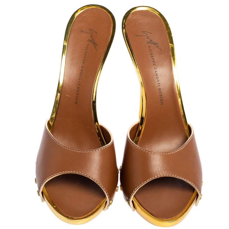 Pre Owned Giuseppe Zanotti Brown/Gold Leather Slide Clogs Size 41