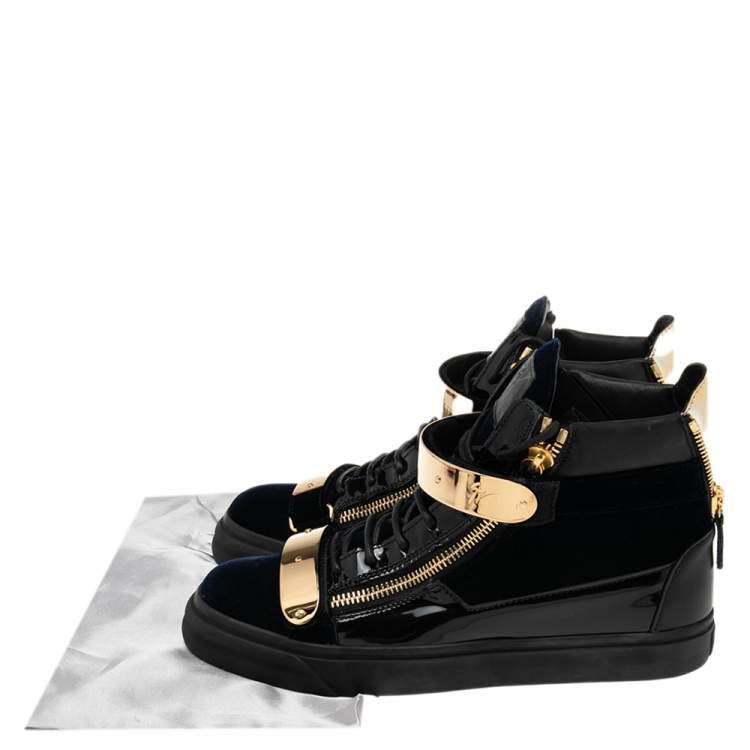 Pre Owned Giuseppe Zanotti Navy Blue/Black Velvet and Patent Leather Coby High-Top Sneakers Size 43