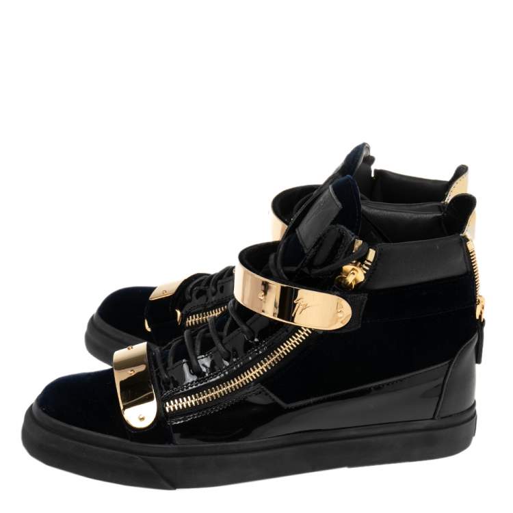 Pre Owned Giuseppe Zanotti Navy Blue/Black Velvet and Patent Leather Coby High-Top Sneakers Size 43