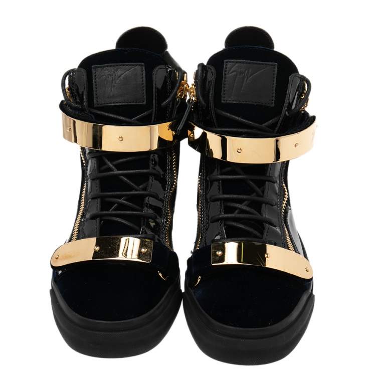 Pre Owned Giuseppe Zanotti Navy Blue/Black Velvet and Patent Leather Coby High-Top Sneakers Size 43