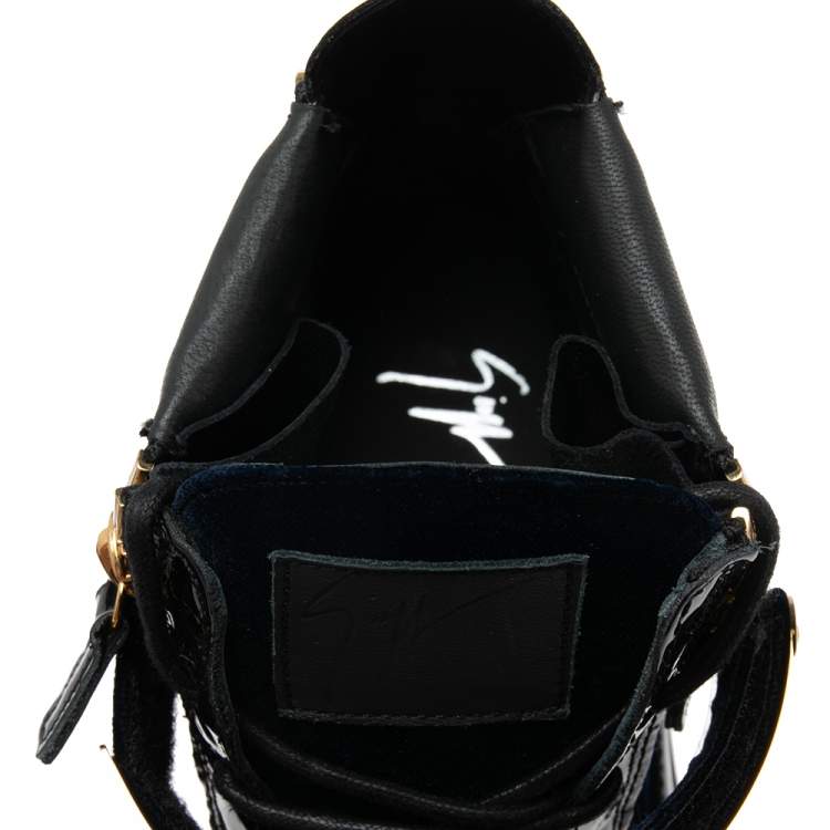 Pre Owned Giuseppe Zanotti Navy Blue/Black Velvet and Patent Leather Coby High-Top Sneakers Size 43