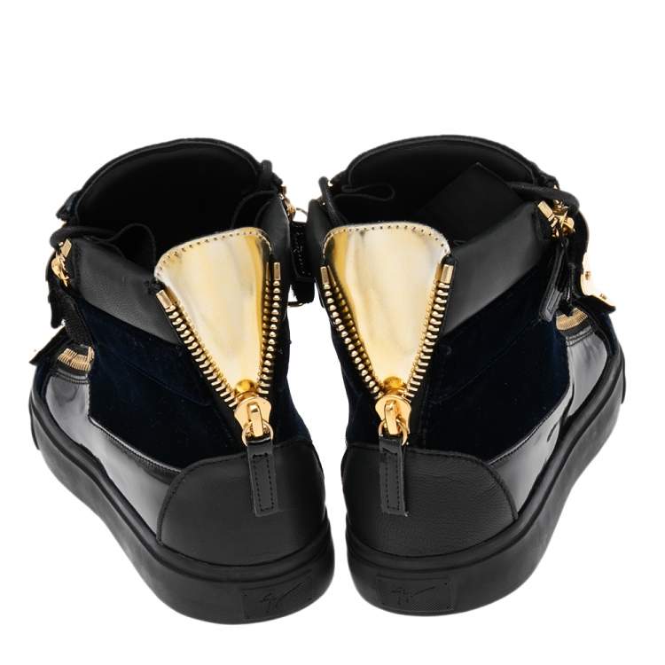 Pre Owned Giuseppe Zanotti Navy Blue/Black Velvet and Patent Leather Coby High-Top Sneakers Size 43