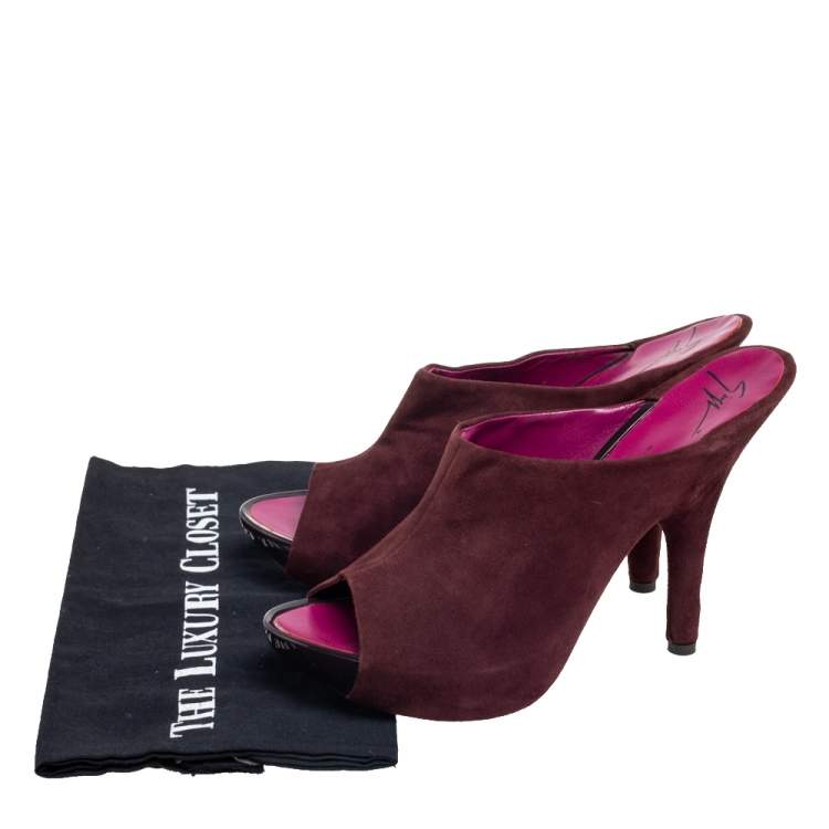 Pre Owned Giuseppe Zanotti Burgundy Suede Platform Slide Mule Sandals Size 40.5
