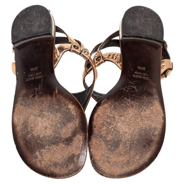 Pre Owned Giuseppe Zanotti Metallic Bronze Leather Flat Sandals Size 37.5