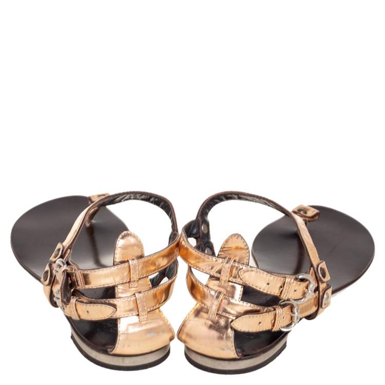 Pre Owned Giuseppe Zanotti Metallic Bronze Leather Flat Sandals Size 37.5