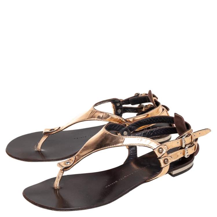 Pre Owned Giuseppe Zanotti Metallic Bronze Leather Flat Sandals Size 37.5