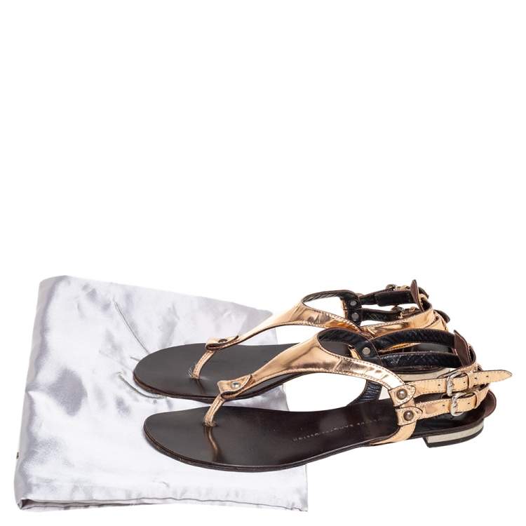 Pre Owned Giuseppe Zanotti Metallic Bronze Leather Flat Sandals Size 37.5